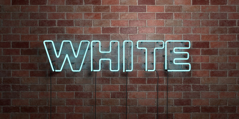 WHITE - fluorescent Neon tube Sign on brickwork - Front view - 3D rendered royalty free stock picture. Can be used for online banner ads and direct mailers..