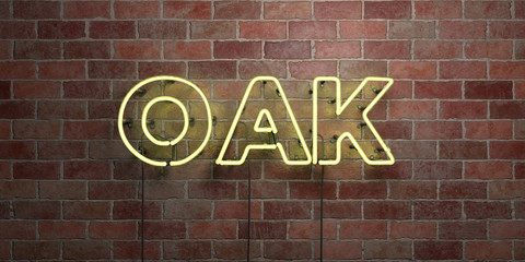 OAK - fluorescent Neon tube Sign on brickwork - Front view - 3D rendered royalty free stock picture. Can be used for online banner ads and direct mailers..