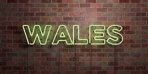 WALES - fluorescent Neon tube Sign on brickwork - Front view - 3D rendered royalty free stock picture. Can be used for online banner ads and direct mailers..