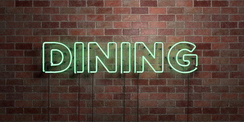 DINING - fluorescent Neon tube Sign on brickwork - Front view - 3D rendered royalty free stock picture. Can be used for online banner ads and direct mailers..