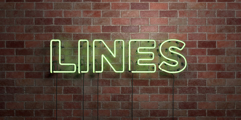 LINES - fluorescent Neon tube Sign on brickwork - Front view - 3D rendered royalty free stock picture. Can be used for online banner ads and direct mailers..