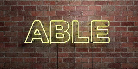 ABLE - fluorescent Neon tube Sign on brickwork - Front view - 3D rendered royalty free stock picture. Can be used for online banner ads and direct mailers..
