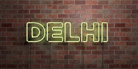 Obraz premium DELHI - fluorescent Neon tube Sign on brickwork - Front view - 3D rendered royalty free stock picture. Can be used for online banner ads and direct mailers..