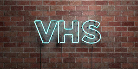Obraz premium VHS - fluorescent Neon tube Sign on brickwork - Front view - 3D rendered royalty free stock picture. Can be used for online banner ads and direct mailers..