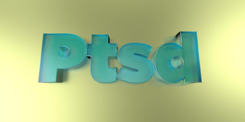 Ptsd - colorful glass text on vibrant background - 3D rendered royalty free stock image.