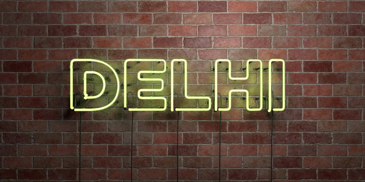 DELHI - fluorescent Neon tube Sign on brickwork - Front view - 3D rendered royalty free stock picture. Can be used for online banner ads and direct mailers..