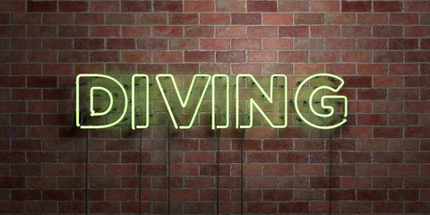 DIVING - fluorescent Neon tube Sign on brickwork - Front view - 3D rendered royalty free stock picture. Can be used for online banner ads and direct mailers..
