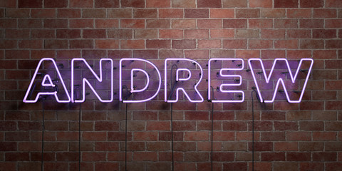 ANDREW - fluorescent Neon tube Sign on brickwork - Front view - 3D rendered royalty free stock picture. Can be used for online banner ads and direct mailers..
