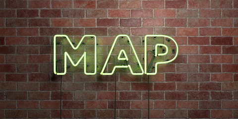 MAP - fluorescent Neon tube Sign on brickwork - Front view - 3D rendered royalty free stock picture. Can be used for online banner ads and direct mailers..