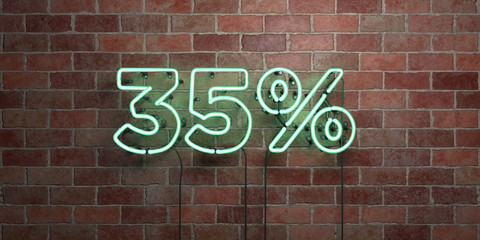 35% - fluorescent Neon tube Sign on brickwork - Front view - 3D rendered royalty free stock picture. Can be used for online banner ads and direct mailers..