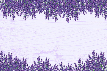 Lavender on a wooden floor. Floral background. Frame of violet flowers - 137977017