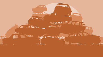 Cars in salvage junkyard in evening with sunset vector