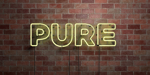 PURE - fluorescent Neon tube Sign on brickwork - Front view - 3D rendered royalty free stock picture. Can be used for online banner ads and direct mailers..