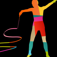 Girl calisthenics sport gymnast silhouette acrobatics flying ribbon abstract background illustration