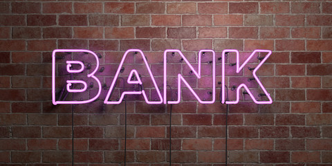 BANK - fluorescent Neon tube Sign on brickwork - Front view - 3D rendered royalty free stock picture. Can be used for online banner ads and direct mailers..