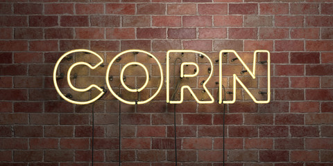 CORN - fluorescent Neon tube Sign on brickwork - Front view - 3D rendered royalty free stock picture. Can be used for online banner ads and direct mailers..