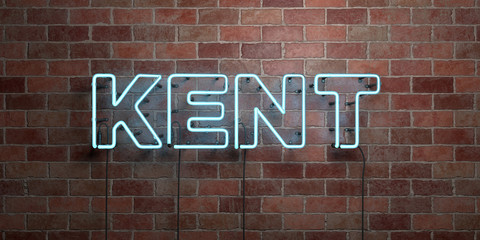 KENT - fluorescent Neon tube Sign on brickwork - Front view - 3D rendered royalty free stock picture. Can be used for online banner ads and direct mailers..
