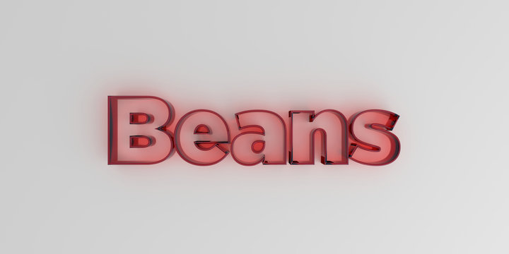 Beans - Red glass text on white background - 3D rendered royalty free stock image.