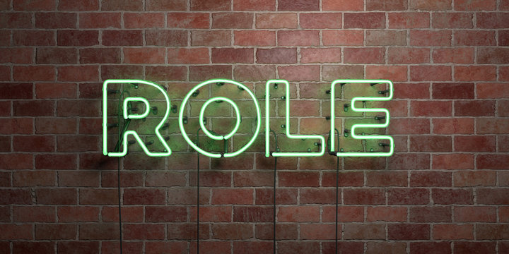 ROLE - fluorescent Neon tube Sign on brickwork - Front view - 3D rendered royalty free stock picture. Can be used for online banner ads and direct mailers..
