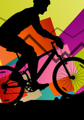 Cyclist active man bicycle riders in abstract sport landscape circle background illustration