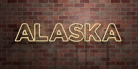 ALASKA - fluorescent Neon tube Sign on brickwork - Front view - 3D rendered royalty free stock picture. Can be used for online banner ads and direct mailers..