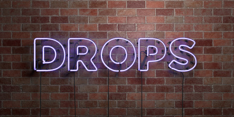 DROPS - fluorescent Neon tube Sign on brickwork - Front view - 3D rendered royalty free stock picture. Can be used for online banner ads and direct mailers..
