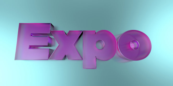 Expo - colorful glass text on vibrant background - 3D rendered royalty free stock image.