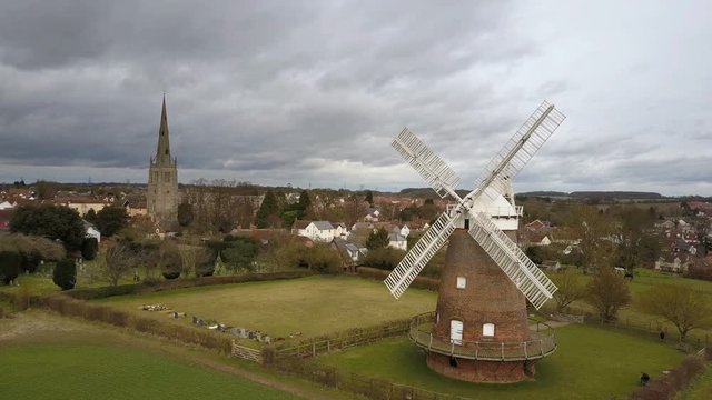 Traditional English windmill, Thaxted, Essex. Drone circling.