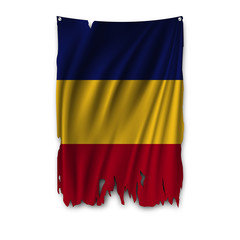 Torn by the wind national flag of Romania. Ragged. The wavy fabric on white background. Realistic vector illustration.