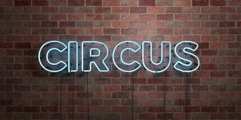 CIRCUS - fluorescent Neon tube Sign on brickwork - Front view - 3D rendered royalty free stock picture. Can be used for online banner ads and direct mailers..