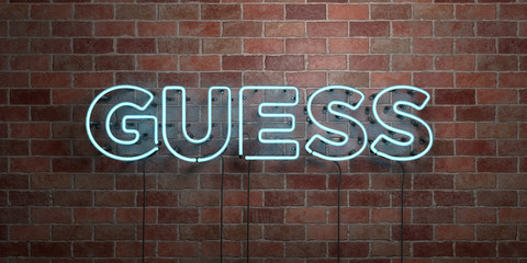 GUESS - fluorescent Neon tube Sign on brickwork - Front view - 3D rendered royalty free stock picture. Can be used for online banner ads and direct mailers..