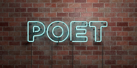 POET - fluorescent Neon tube Sign on brickwork - Front view - 3D rendered royalty free stock picture. Can be used for online banner ads and direct mailers..