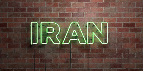 IRAN - fluorescent Neon tube Sign on brickwork - Front view - 3D rendered royalty free stock picture. Can be used for online banner ads and direct mailers..