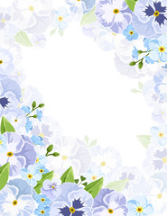 Vector background flyer with blue pansy and forget-me-not flowers and green leaves.