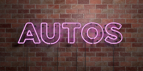 AUTOS - fluorescent Neon tube Sign on brickwork - Front view - 3D rendered royalty free stock picture. Can be used for online banner ads and direct mailers..