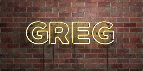 GREG - fluorescent Neon tube Sign on brickwork - Front view - 3D rendered royalty free stock picture. Can be used for online banner ads and direct mailers..