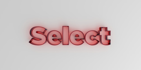 Select - Red glass text on white background - 3D rendered royalty free stock image.