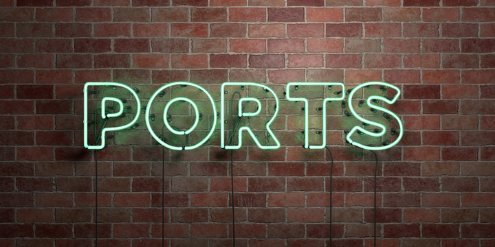 PORTS - fluorescent Neon tube Sign on brickwork - Front view - 3D rendered royalty free stock picture. Can be used for online banner ads and direct mailers..