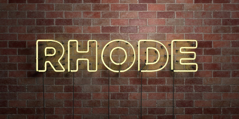 Fototapeta na wymiar RHODE - fluorescent Neon tube Sign on brickwork - Front view - 3D rendered royalty free stock picture. Can be used for online banner ads and direct mailers..