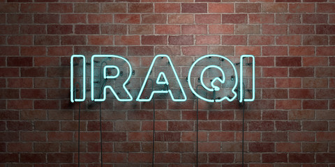 IRAQI - fluorescent Neon tube Sign on brickwork - Front view - 3D rendered royalty free stock picture. Can be used for online banner ads and direct mailers..