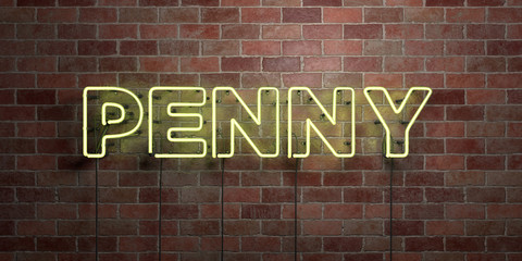 PENNY - fluorescent Neon tube Sign on brickwork - Front view - 3D rendered royalty free stock picture. Can be used for online banner ads and direct mailers..