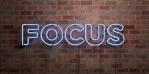 FOCUS - fluorescent Neon tube Sign on brickwork - Front view - 3D rendered royalty free stock picture. Can be used for online banner ads and direct mailers..