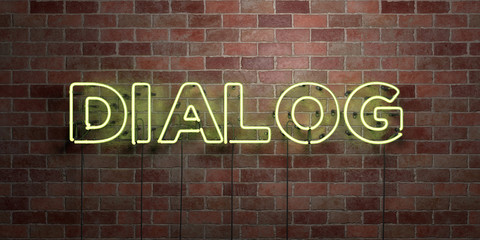 DIALOG - fluorescent Neon tube Sign on brickwork - Front view - 3D rendered royalty free stock picture. Can be used for online banner ads and direct mailers..