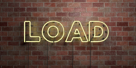 LOAD - fluorescent Neon tube Sign on brickwork - Front view - 3D rendered royalty free stock picture. Can be used for online banner ads and direct mailers..