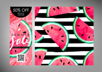 Gift certificate, Voucher, Coupon vector template with same style pattern tile. Watercolor paint textured watermelon on trendy striped background. 