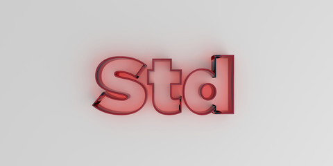 Std - Red glass text on white background - 3D rendered royalty free stock image.