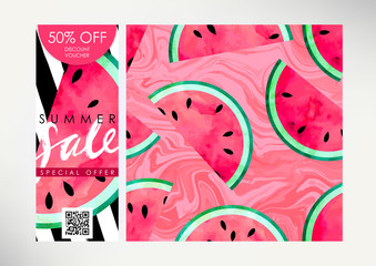 Gift certificate, Voucher, Coupon vector template with same style pattern tile. Watercolor paint textured watermelon on trendy striped background. 
