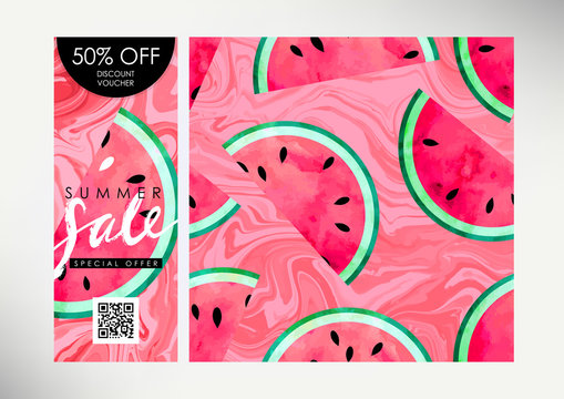 Gift certificate, Voucher, Coupon vector template with same style pattern tile. Watercolor paint textured watermelon on trendy marbled background. "Summer sale" hand written lettering.