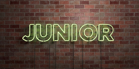 JUNIOR - fluorescent Neon tube Sign on brickwork - Front view - 3D rendered royalty free stock picture. Can be used for online banner ads and direct mailers..
