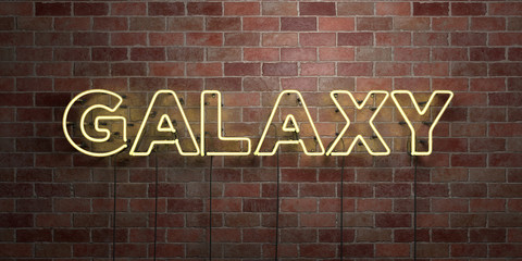 GALAXY - fluorescent Neon tube Sign on brickwork - Front view - 3D rendered royalty free stock picture. Can be used for online banner ads and direct mailers..